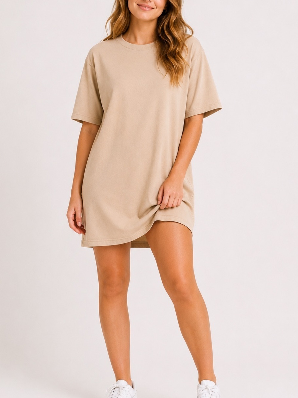 ๐ $0 WITH PURCHASE - VERO MODA Beige Minimalist T-Shirt Dress Top Relaxed Sz M